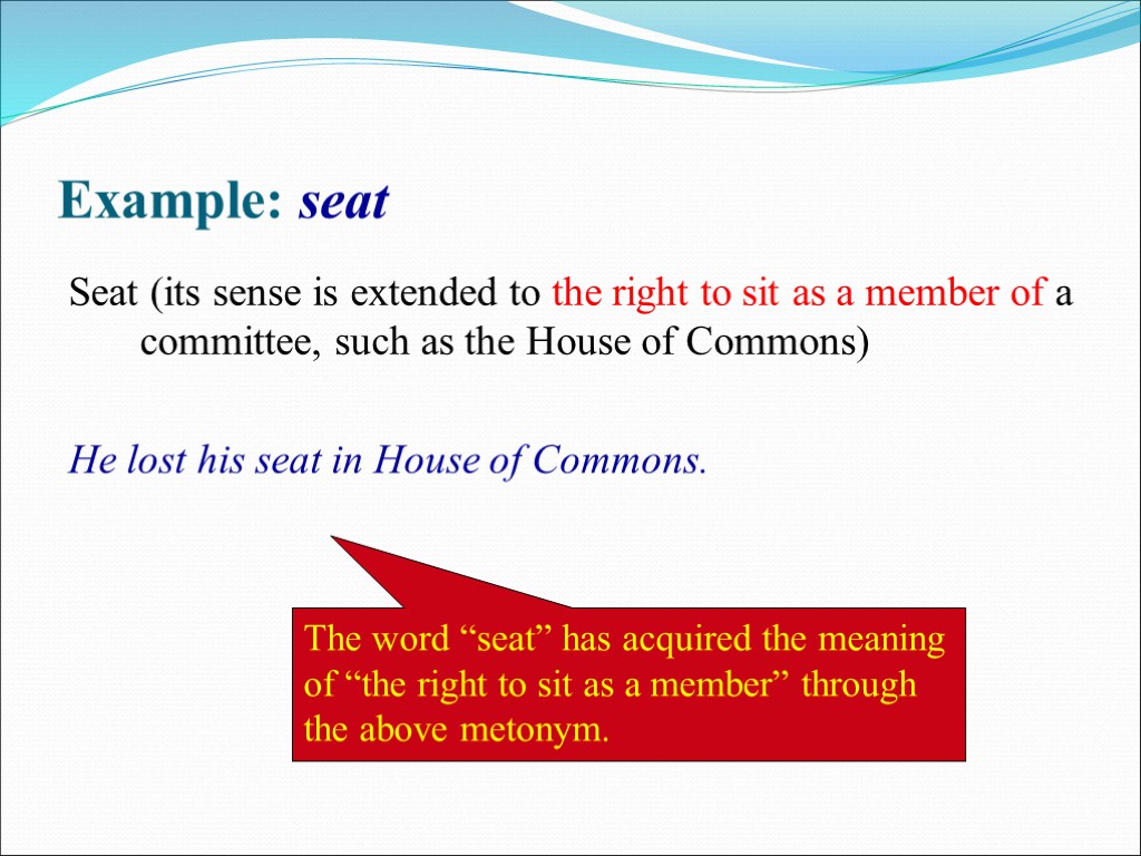 Example: seat Seat (its sense is extended to the right to sit as a
